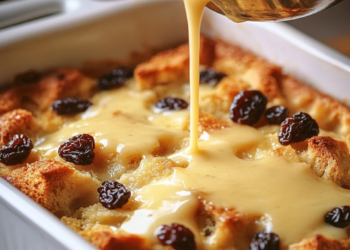 Altmodischer Brotpudding mit Vanille-Sauce