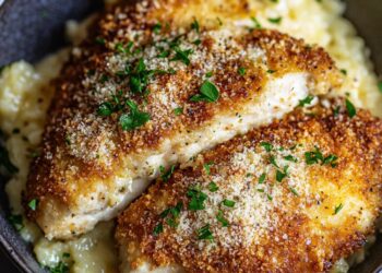 Dipping chicken breast in egg and coating with Parmesan breadcrumb mixture for Crispy Garlic Parmesan Chicken