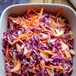 Refreshing Cabbage Carrot Apple Slaw 3 A large white bowl filled with colorful Cabbage Carrot Apple Slaw, showing shreds of red cabbage, orange carrots, and pieces of apple in a creamy dressing.