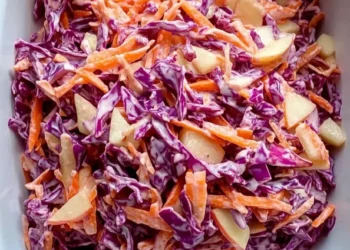 A large white bowl filled with colorful Cabbage Carrot Apple Slaw, showing shreds of red cabbage, orange carrots, and pieces of apple in a creamy dressing.