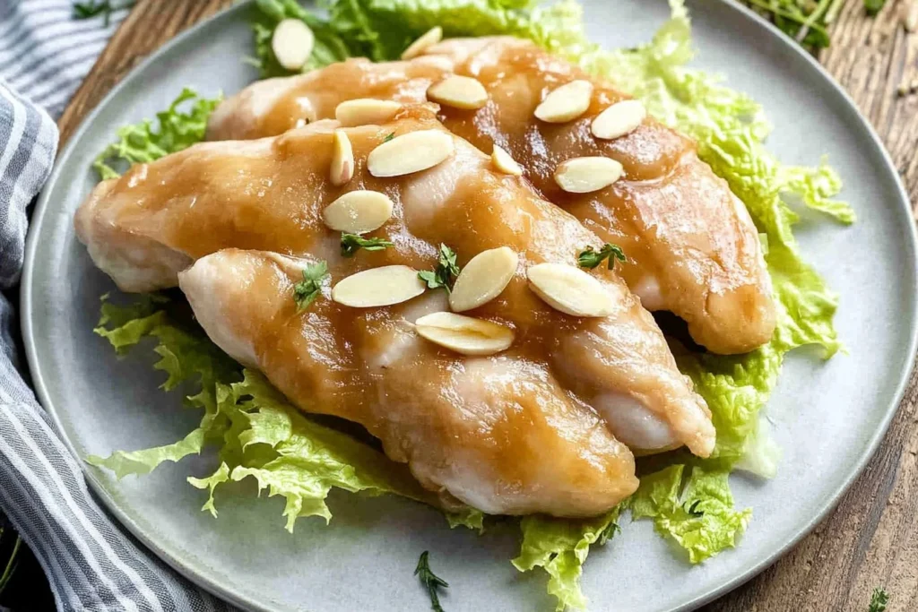 Plate of Almond Boneless Chicken with crispy almonds and savory sauce