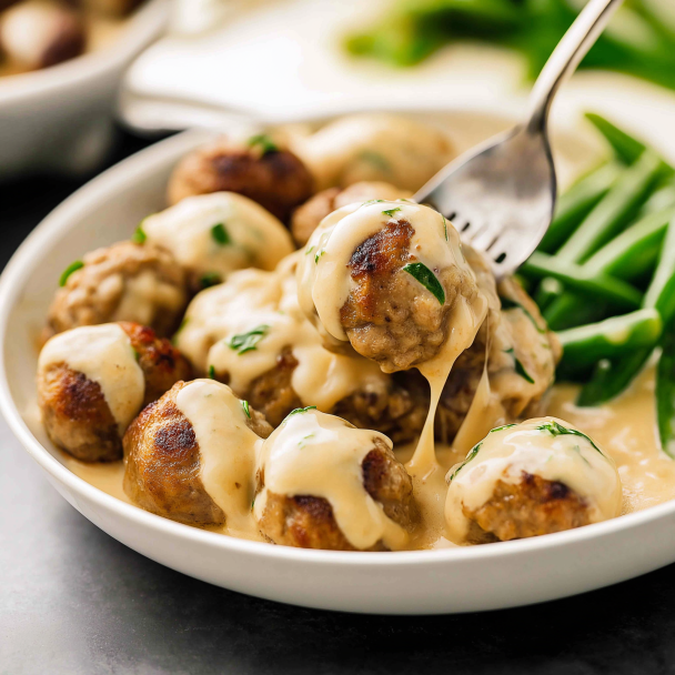 Swedish Meatballs: Tender, Juicy & Smothered in Creamy Gravy 2 Homemade Swedish meatballs in creamy gravy served over mashed potatoes