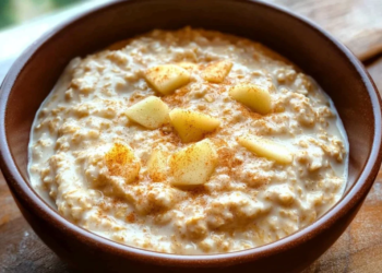 Bowl of Apple Cinnamon Overnight Oats with fresh apples and cinnamon topping