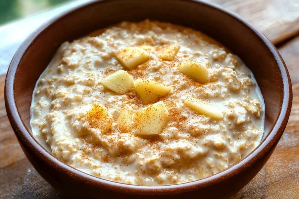 Bowl of Apple Cinnamon Overnight Oats with fresh apples and cinnamon topping