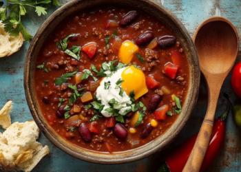 Bowl of rich, flavorful homemade chili garnished with fresh herbs