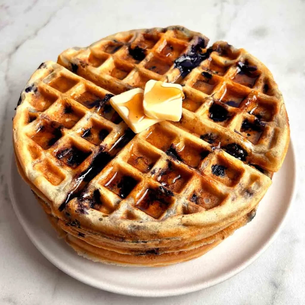 Golden brown blueberry waffles topped with fresh blueberries and syrup
