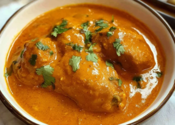 Delicious butter chicken served with rice and naan bread