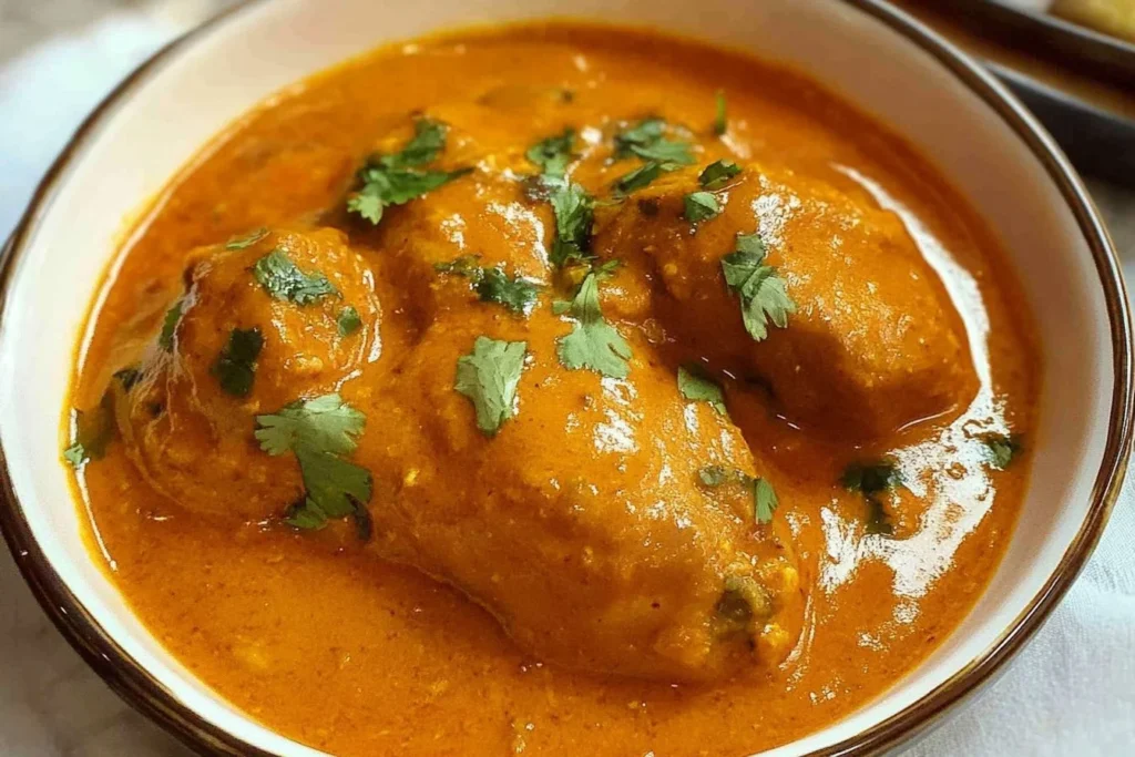 Delicious butter chicken served with rice and naan bread