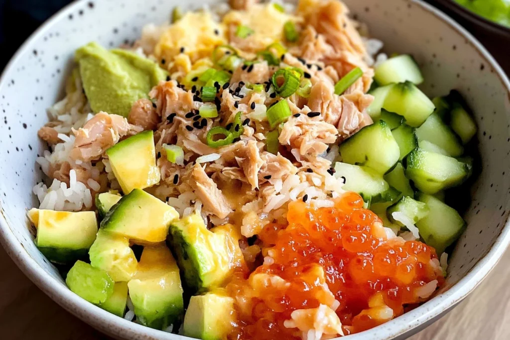 Canned tuna rice bowl with fresh ingredients and toppings