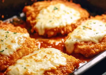 Plate of Chicken Parmesan with crispy chicken, marinara sauce, and melted cheese