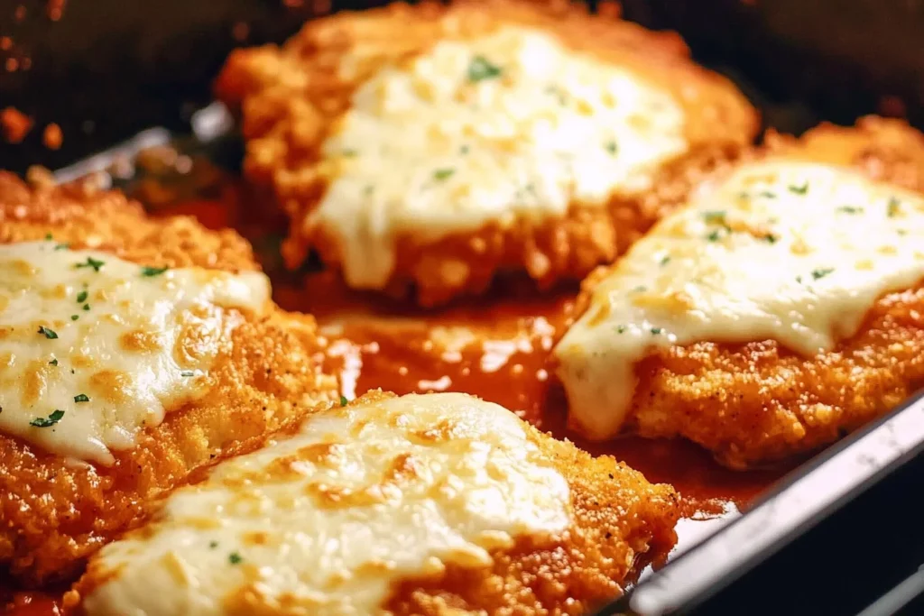 Plate of Chicken Parmesan with crispy chicken, marinara sauce, and melted cheese
