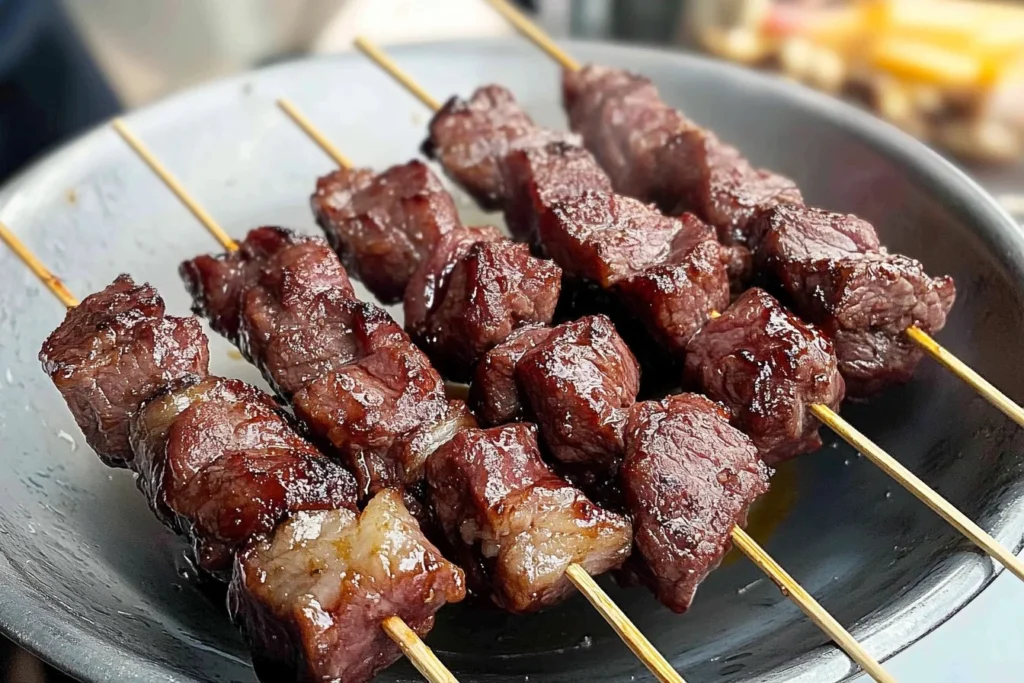 Delicious Chinese Beef On A Stick served with flavorful dipping sauce