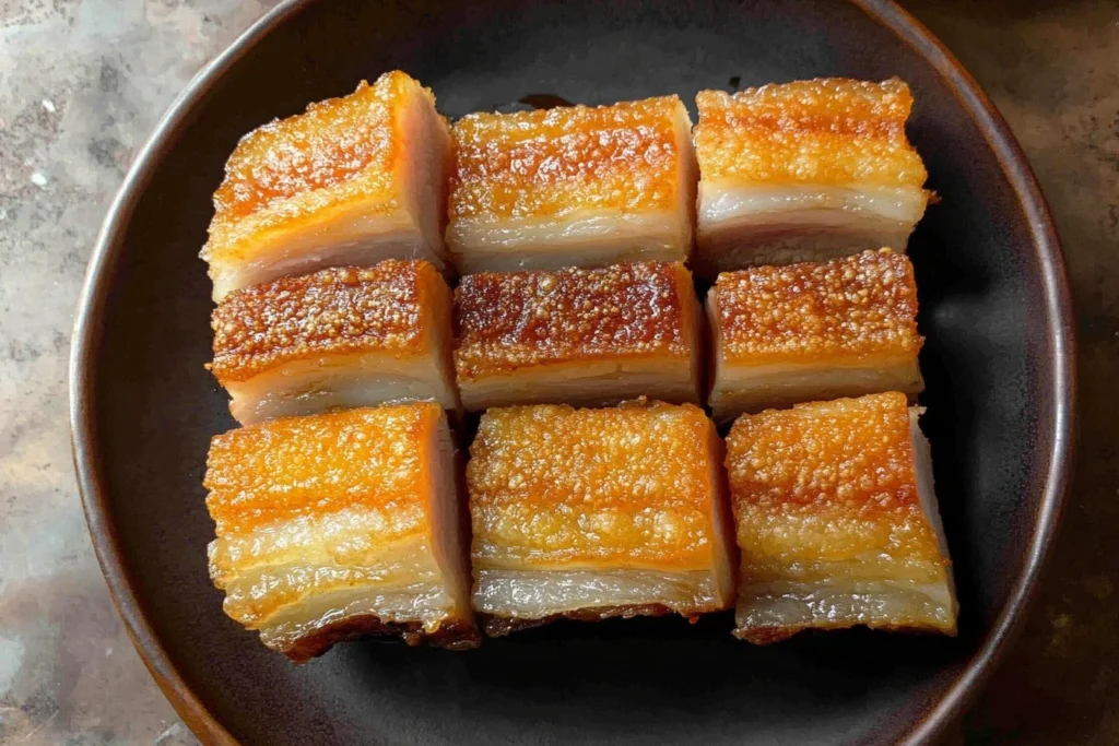 Delicious Chinese crispy pork belly with a golden, crunchy skin.