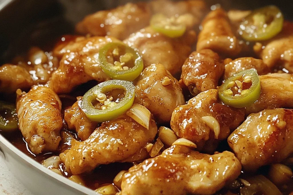 Delicious Chinese Jalapeno Chicken dish garnished with fresh jalapenos