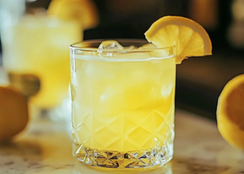 Bottle of Classic Italian Lemon Liqueur with lemons and herbs in the background