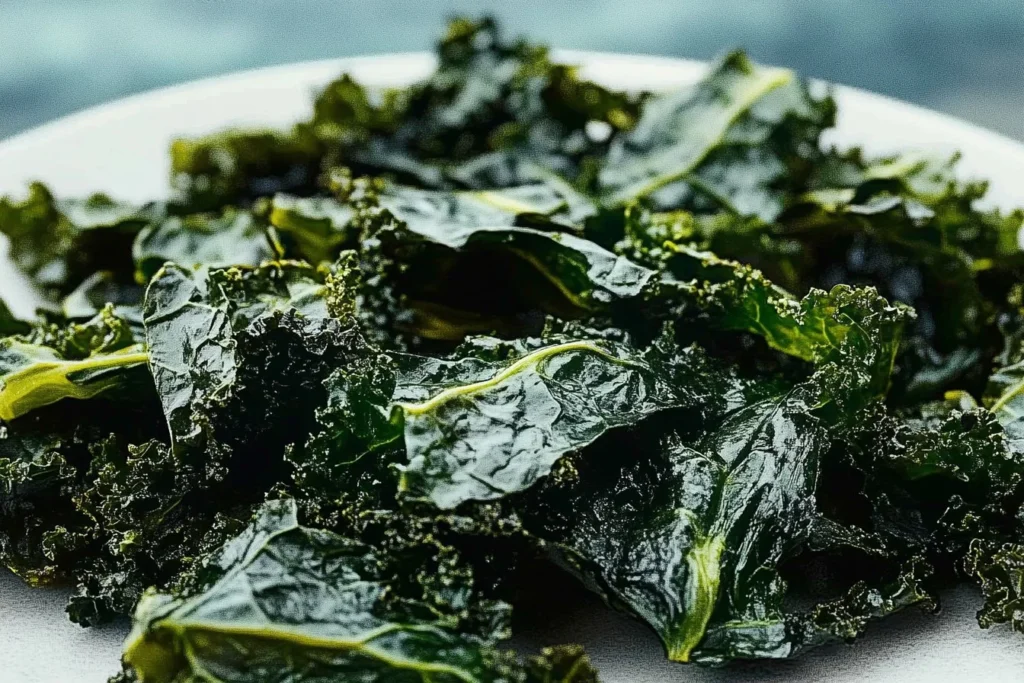 Bowl of crispy kale chips seasoned and ready to eat