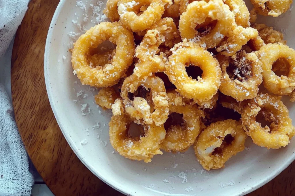 Plate of crispy salted egg calamari garnished with herbs and served with dips