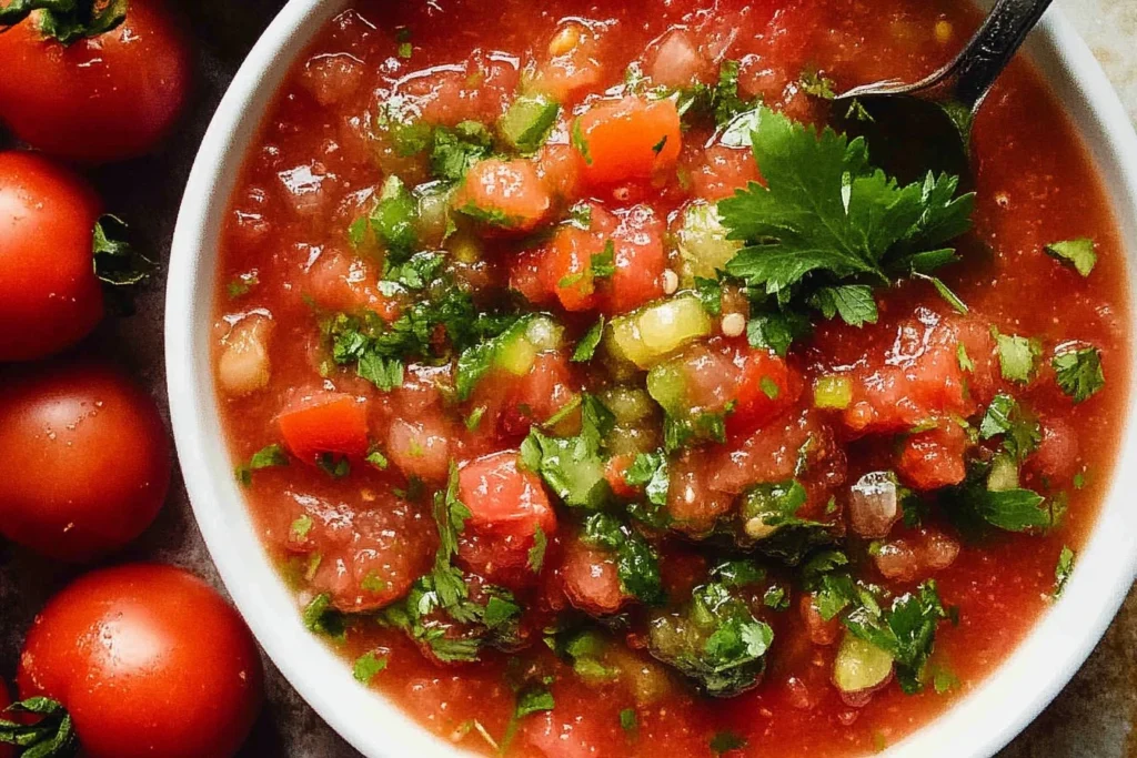 Bowl of vibrant homemade salsa made with fresh tomatoes, onions, and herbs.