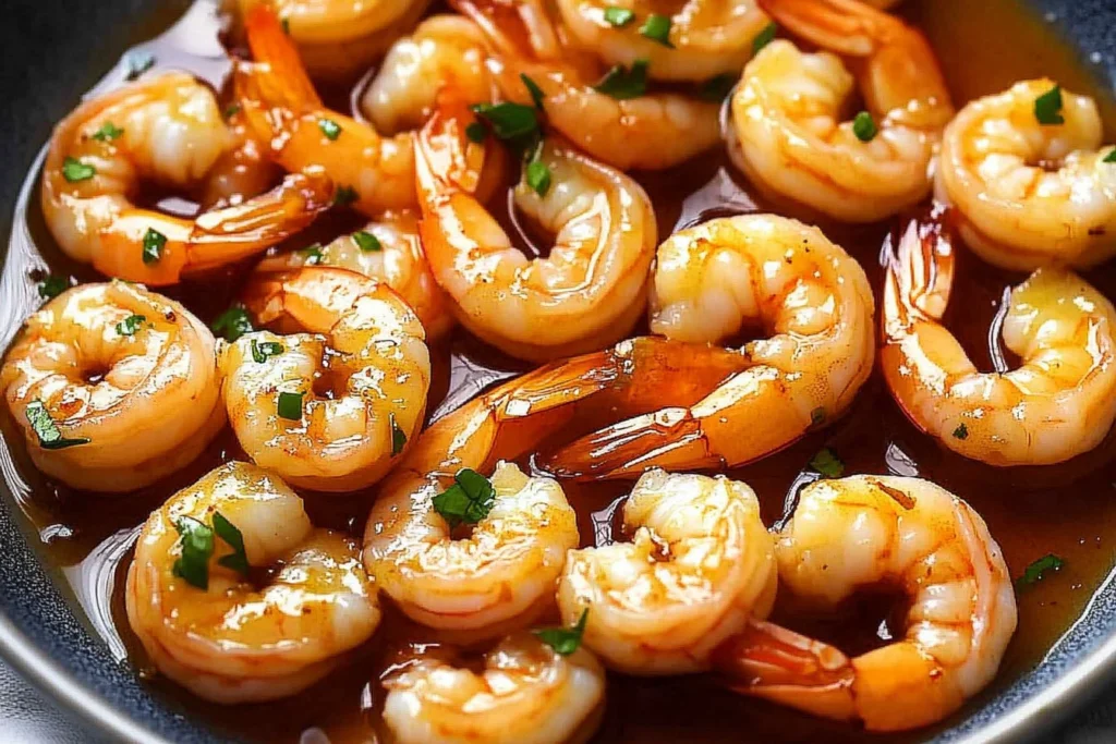 Plate of delicious honey garlic shrimp garnished with green onions.