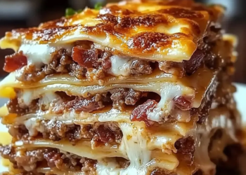 Delicious Bacon Cheeseburger Lasagna with Parmesan garlic flavor