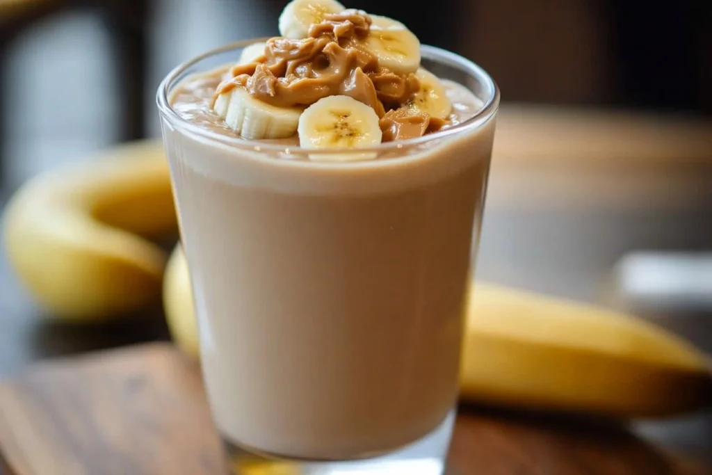A creamy Peanut Butter Banana Smoothie in a glass, topped with banana slices and a straw.