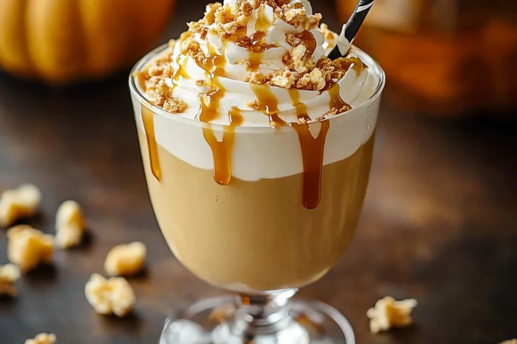 Delicious pumpkin milkshake topped with salted caramel drizzle