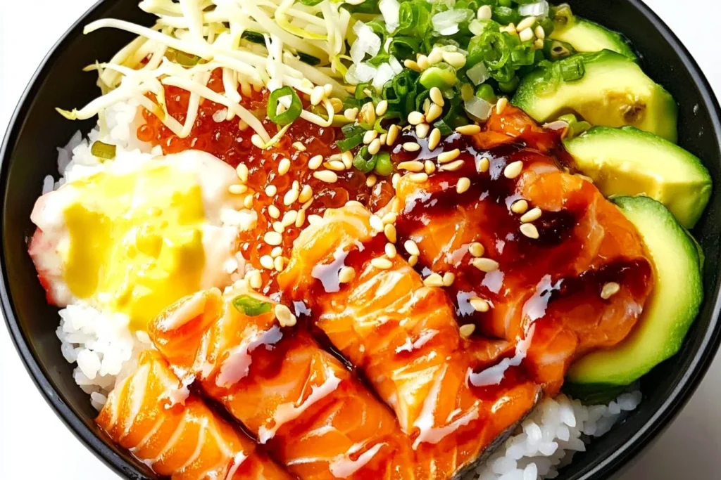 Delicious salmon rice bowl topped with fresh vegetables and sesame seeds