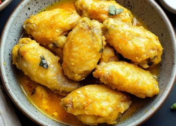 Crispy Salted Egg Chicken Wings on a plate with herbs