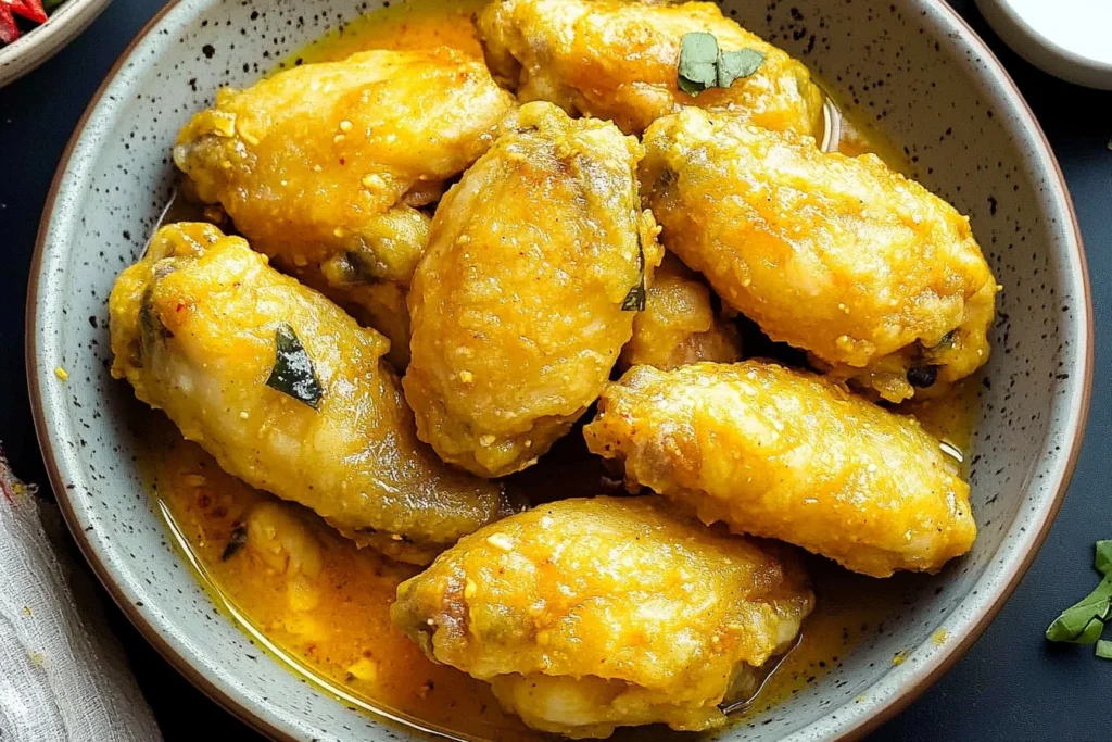 Crispy Salted Egg Chicken Wings on a plate with herbs
