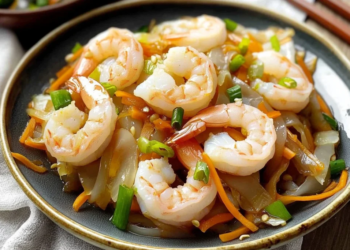 Delicious Shrimp Mei Fun with shrimp and colorful vegetables on a plate