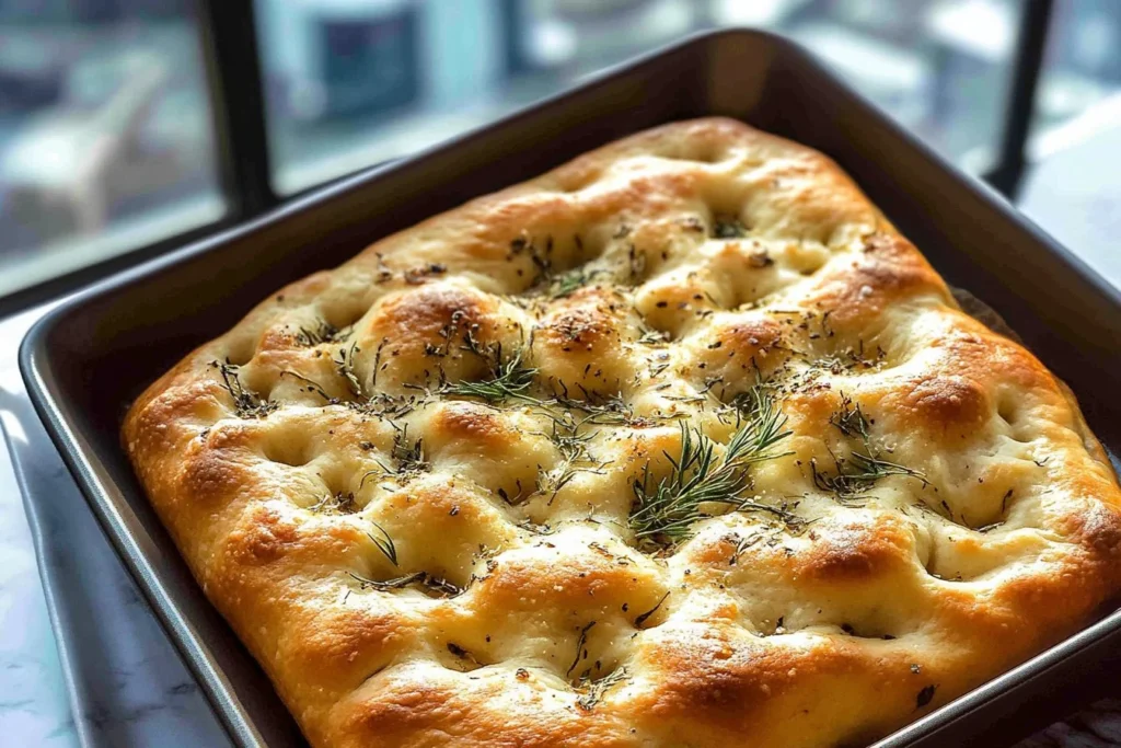 Homemade simple focaccia bread, golden brown with herbs and olive oil toppings
