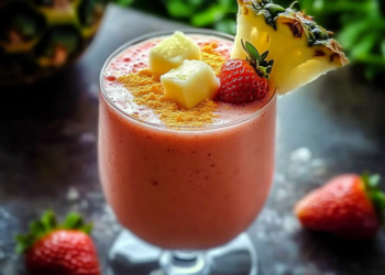 Delicious Strawberry Piña Colada smoothie in a glass with tropical ingredients