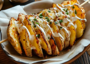 Delicious Tornado Potatoes on a skewer, ready to be enjoyed.