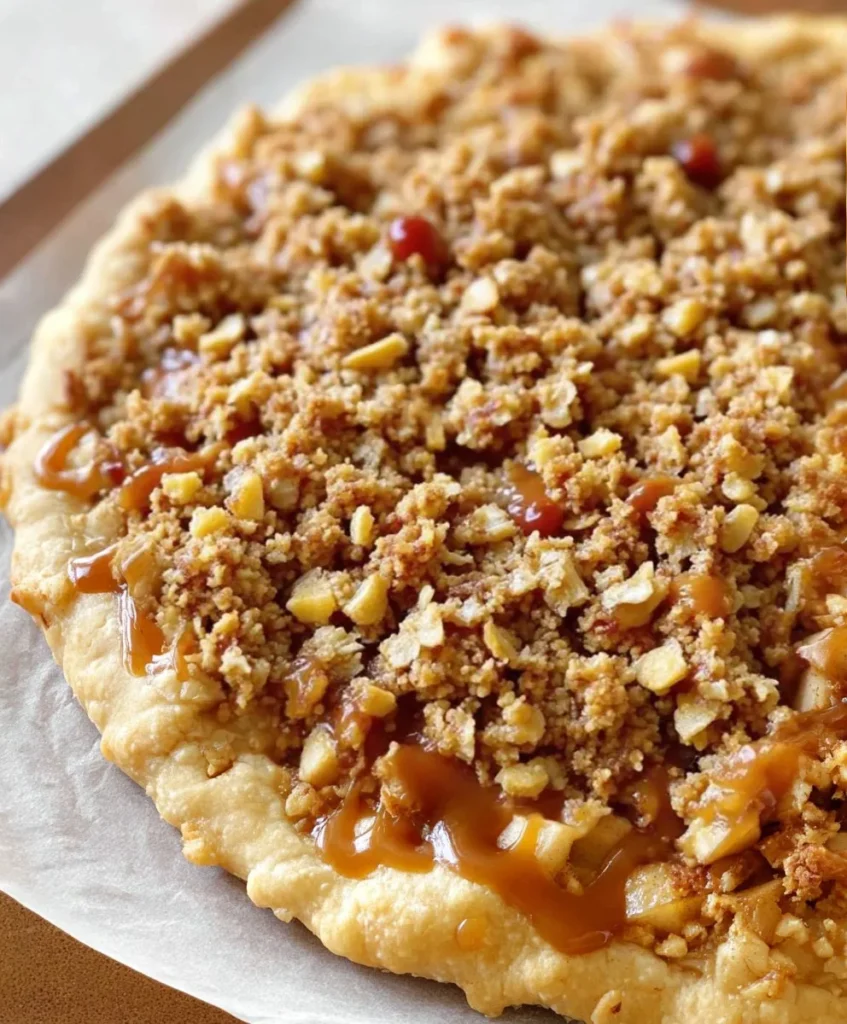Delicious apple crisp pizza topped with sliced apples and cinnamon