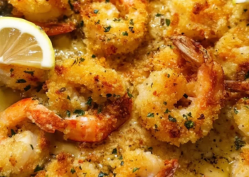 Delicious baked shrimp in garlic butter sauce served on a plate