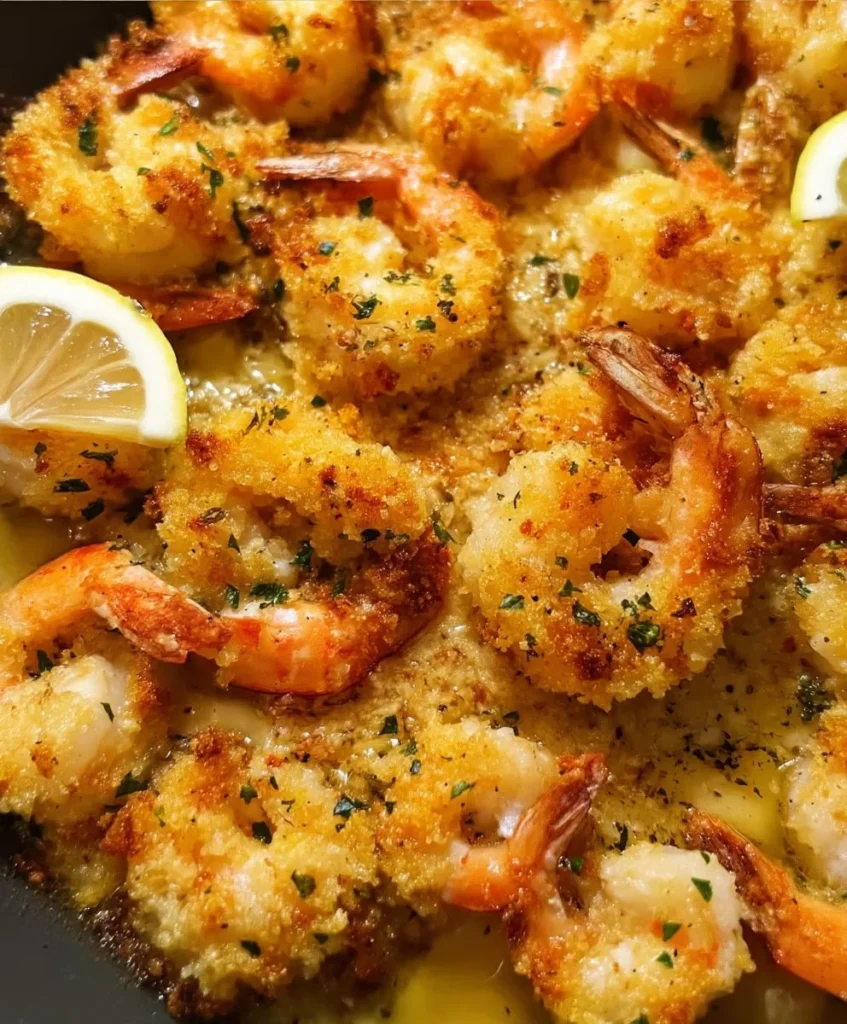 Delicious baked shrimp in garlic butter sauce served on a plate