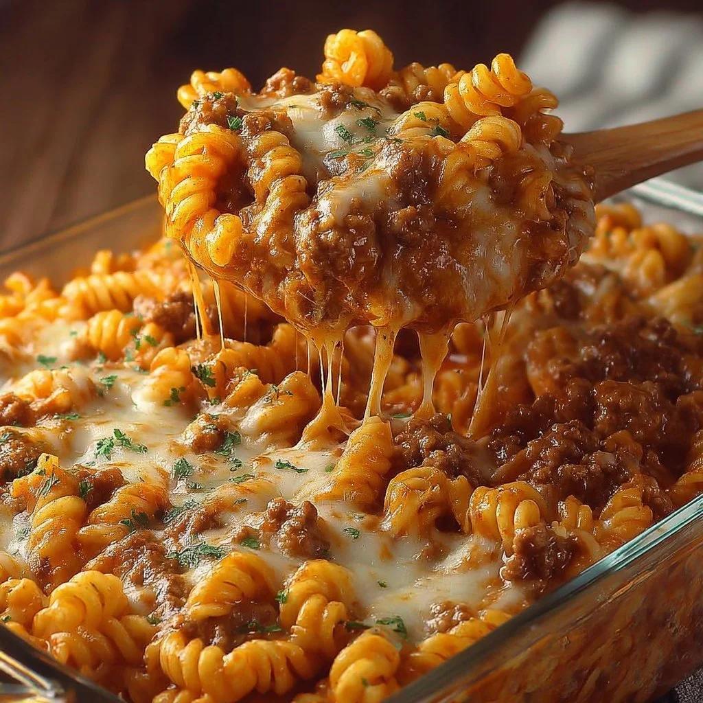 Cheesy Hamburger Casserole 2 Cheesy Hamburger Casserole dish served with a side salad