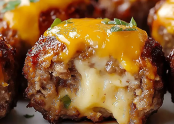 Cheesy Stuffed Meatloaf Bites served on a plate with garnish.