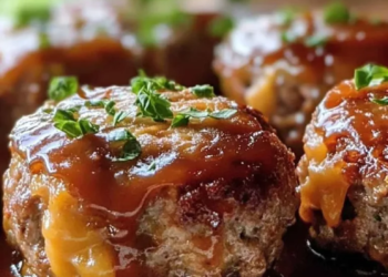 Cheesy stuffed meatloaf bites garnished with herbs on a plate
