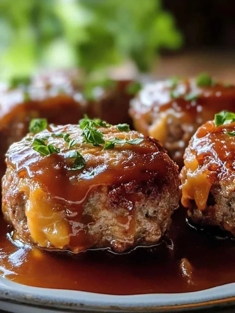 Cheesy stuffed meatloaf bites garnished with herbs on a plate