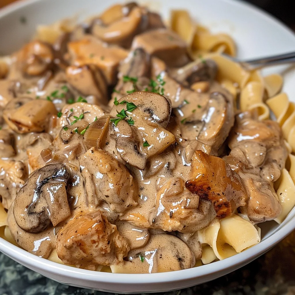 Delicious Chicken Stroganoff served with pasta and garnished with fresh herbs.