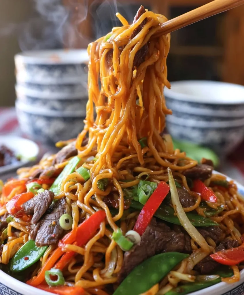 Plate of easy beef lo mein with vegetables and egg noodles