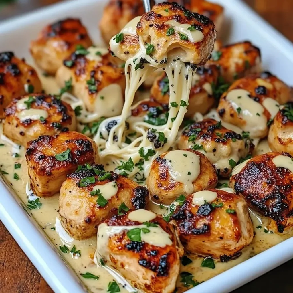 Delicious grilled chicken bites served with creamy garlic sauce