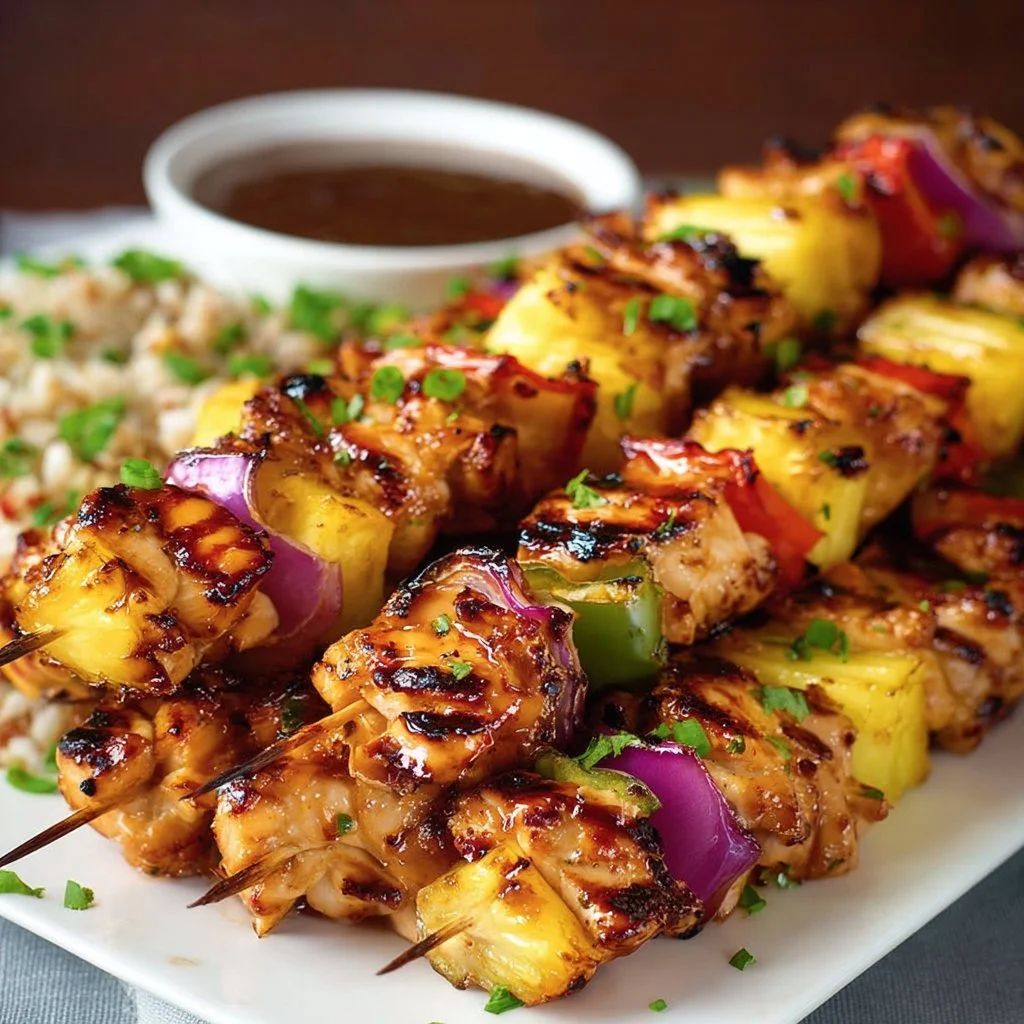 Grilled Hawaiian Chicken Pineapple Kebabs served on a plate