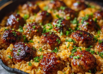 Honey Garlic Meatball Rice Bake with flavorful sauce and tender meatballs