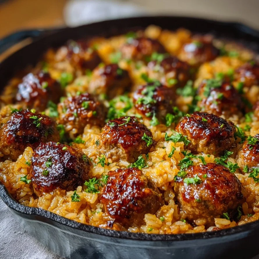 Honey Garlic Meatball Rice Bake with flavorful sauce and tender meatballs