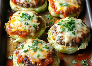 Delicious oven-baked cabbage burgers on a plate with fresh toppings.