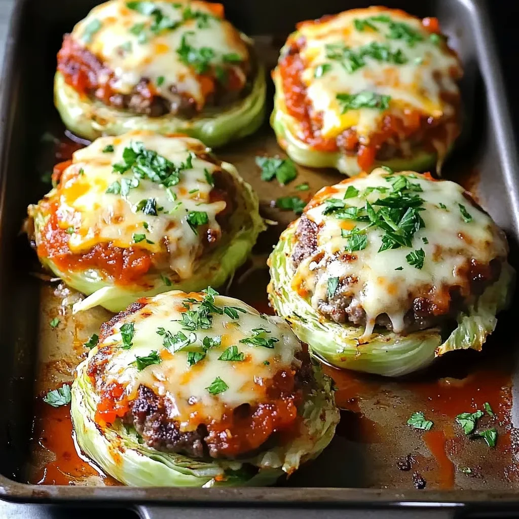 Delicious oven-baked cabbage burgers on a plate with fresh toppings.