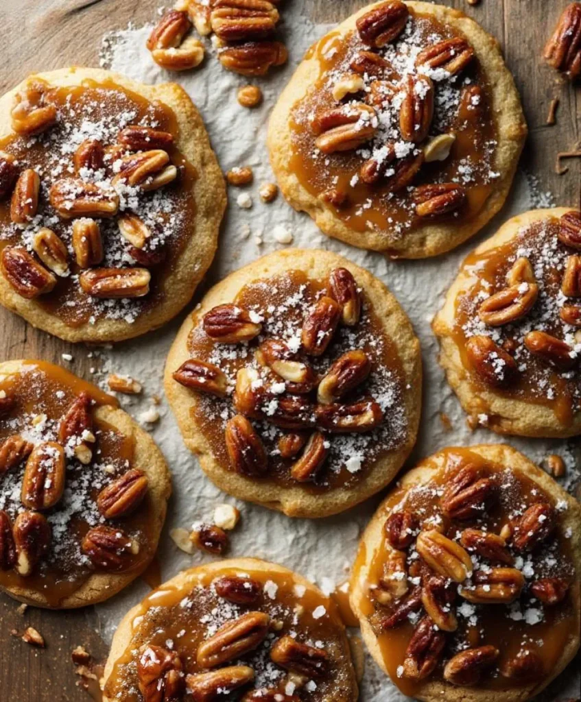 A plate of delicious pecan pie cookies garnished with pecans.