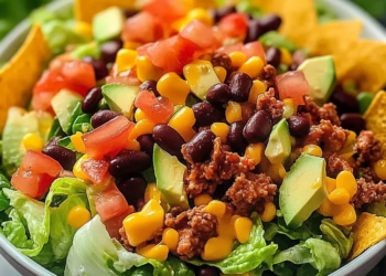 Delicious Tex-Mex salad with fresh veggies, beans, and tangy dressing.